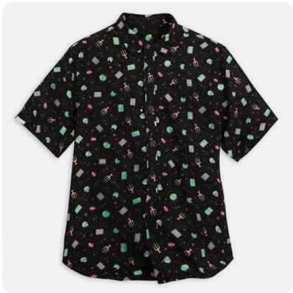 𝅺Our Universe Adult Disney Hocus Pocus Print Woven Shirt Black NWT